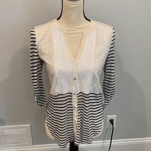 Tiny Black & White 3/4 Sleeve Blouse with Floral, Rhinestones, & Stripes Size XS